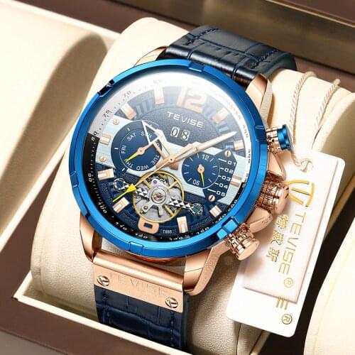 TEVISE Sport Machinery Watches for Men Blue Top Brand Luxury Military Leather Wrist Watch Man Clock Fashion Automatic Wristwatch