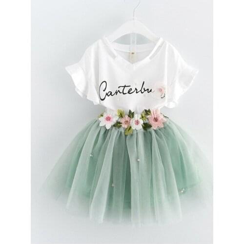 2019 summer children girls good quality letters print cotton T-shirt + floral beads mesh Skirt clothing set 3-8 years