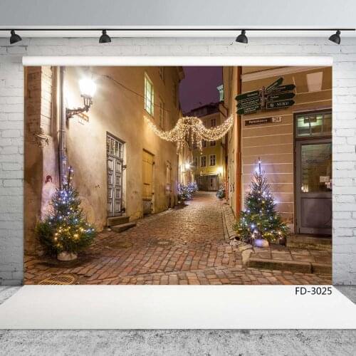 Night Street String Lights Building Signpost Photo Backdrop for Christmas Vinyl Background for Children Baby Family Photocall