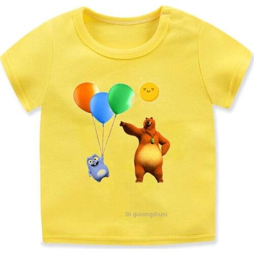 Cute Sunshine Grizzly Graphic Boys T-shirt Vogue Children Clothing T Shirt Summer Vogue Cool Boys Yellow Short-sleeved Shirt