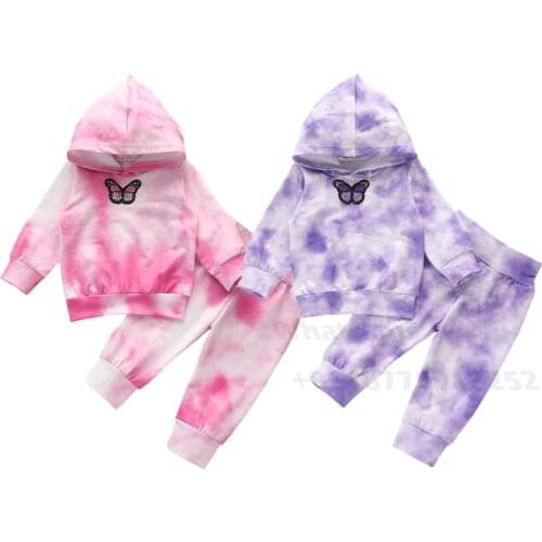 Toddler Baby Girls Boys Tie Dye Clothes 3D Butterfly Long Sleeve Tops Hooded Tops Sweatshirt Pants 2Pcs Fall Winter Outfits Set