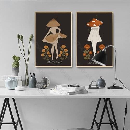 Nordic Style Canvas Painting Poster Print Mushroom Girls with Short Skirt Little Flowers for Home Rooms Gallery Wall Decoration