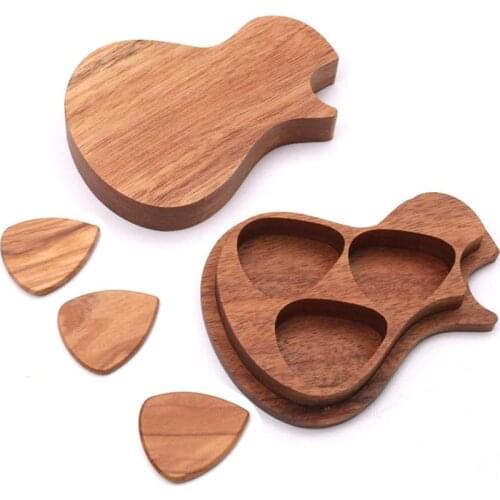 Delicate Wooden Guitar Pick Set Plectrum Storage Holder Case Box with 3pcs Guitar Picks Wood Guitar Accessories
