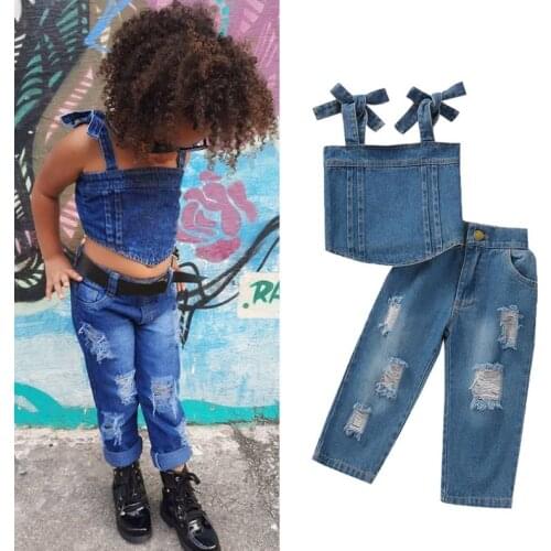 2Pcs Toddler Girl Summer Outfits Sleeveless Tie Strap Crop Tops Ripped Denim Pants Set Fashion Girls Clothes Set
