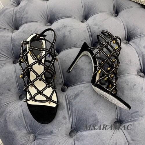 Shiny Crystal Pendant Hollow High Heel Sandals Leather Peep Toe Ladies Dress Shoes Street Girls Party Shoes