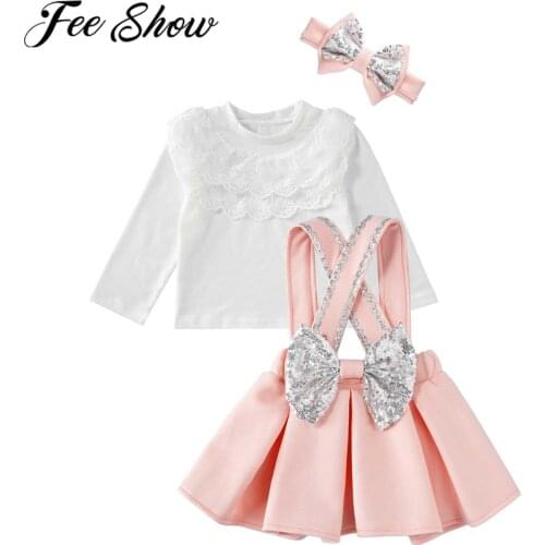 Lovely 3Pcs Baby Girls Clothes Long Sleeves T-shirt Tops Bowknot Suspender Princess Dresses with Headband Childrens Clothing