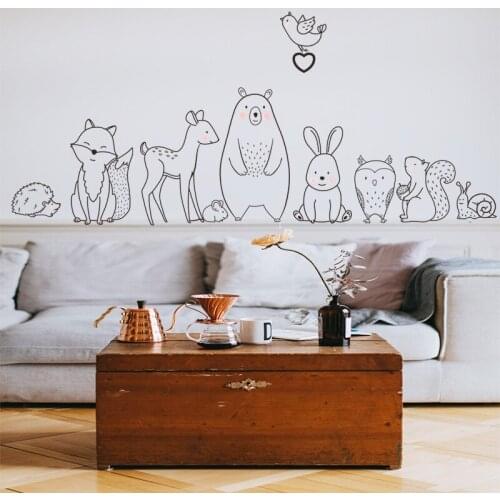 Nordic Cartoon Animal Wall Stickers for Kids Room Decor Bear Fox Wolf Baby Children Decal Nursery Mural Bedroom Wall Decoration