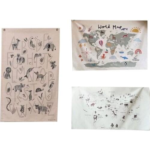 Nordic Wall Hanging Painting Picture Cloth Educational Kids Room World Map Decoration Poster Nursery Art Canvas