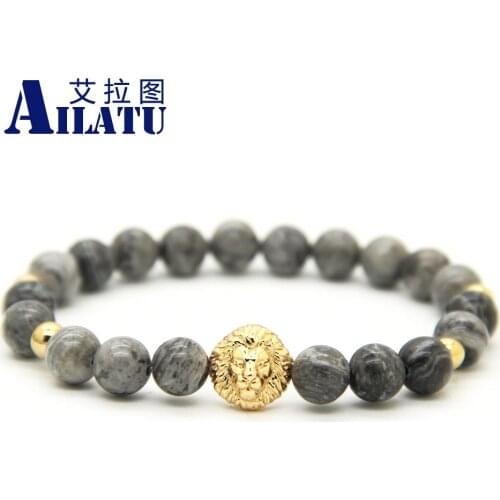 Ailatu New Design Mens Jewelry Wholesale 8mm Grey Picture Stone Beads Lion Head Yoga Bracelets
