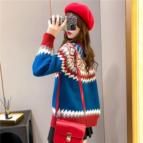 New style retro national style round neck sweater womens Pullover thickened versatile sweater