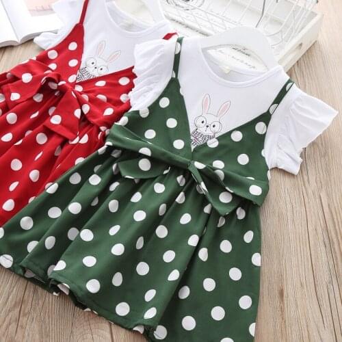Infant Girls Dresses 2019 Summer New Childrens Wear Girls Sweet Dot Bow Rabbit Pattern Ruffled Cute Cotton Birthday Dress 4year
