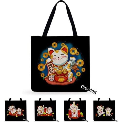 Japanese style cartoon animal Lucky Cat linen Casual Tote Foldable Shoulder Shopping Bag Bag Reusable Women Beach Bag
