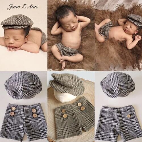 Jane Z Ann Newborn Shooting Studio Props infant boys gentlemen hat+plaid Shorts Infant twins brother outfits