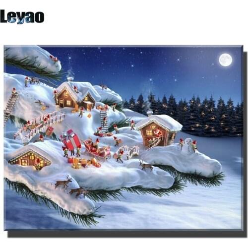 Merry Christmas elf house lights moon snow snowman stars winter Christmas Home Decor 5d Diy Diamond Painting For New Year Gift