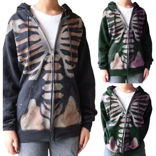 Womens Sweatshirt Hooded Jacket with Smooth Zipper,Autumn Fashion Casual Pocket Decoration Skull Print Adjustable Drawstring