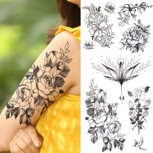 Lotus Rose Flower Temporary Tattoos For Women Adults Fake Anemone Carnations Peony Tattoo Sticker Black Bird Body Art Arm Tatoos
