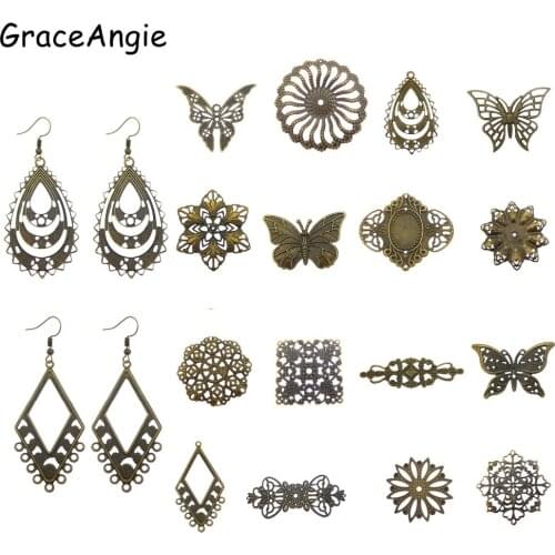 GraceAngie 16pcs/lot Antique Bronze Mixed Filigree Metal Wraps Flower Mixed Jewelry Findings for Pendant Earring Making Charms