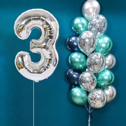 20pcs/lot 32inch Silver Number Foil Balloon Metal Chrome Latex Confetti Balloon Baby Shower Childrens Birthday Party Decoration