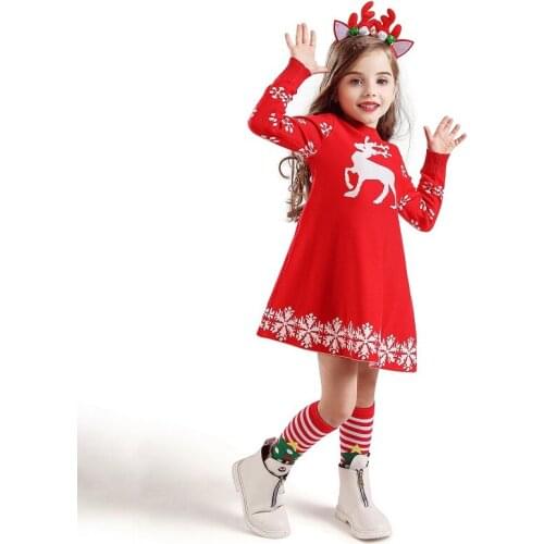 Girls Knitting Dress for Christmas Winter Children Clothes 2--4-6-8 Years Girls Cartoon Deer Snowflakes Warm Dress for New Year