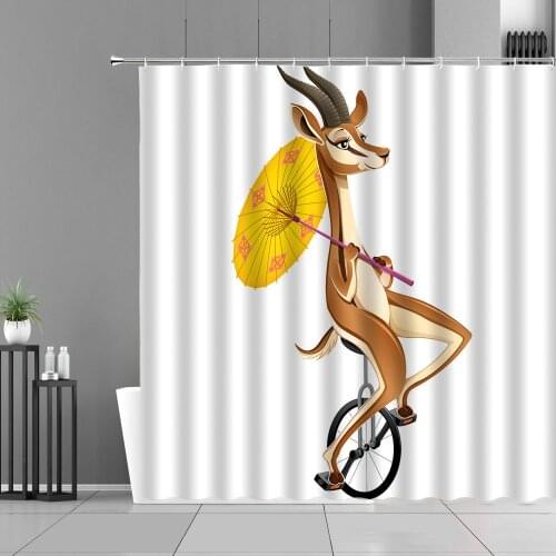 Funny Cartoon Animal Shower Curtains Deer Lion Owl Riding Bicycle Waterproof Bathroom Curtain Screen Home Decoration With Hooks