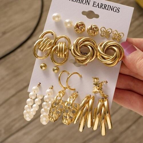 Fashion Womens Earrings Statement Gold Metal Earrings Set For Women Vintage Geometirc Pearl Circle Hoop Earrings 2021 Jewelry