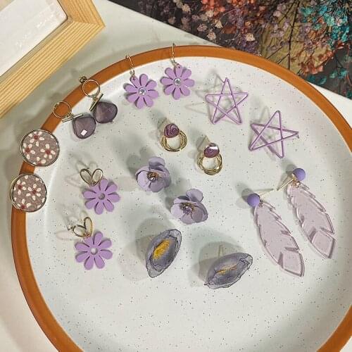 Women 2020 Purple Earrings Retro Earrings Tide Korean Version Temperament Small Fresh Earrings Flower Style Banquet Accessories