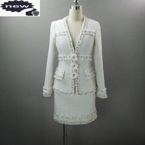 Luxury Elegant Lady White Flower Patchwork Tweed Jacket Wrap Skirt Two Piece Set Women Outfits Pearls Beading V Neck Office Suit