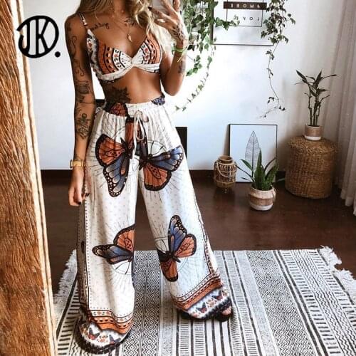 Ladies Plus Size Homewear Outfits Butterfly Print Casual Women Two Piece Suit Elegant Bra Tops+Wide Leg Pants For Lady Loose Set