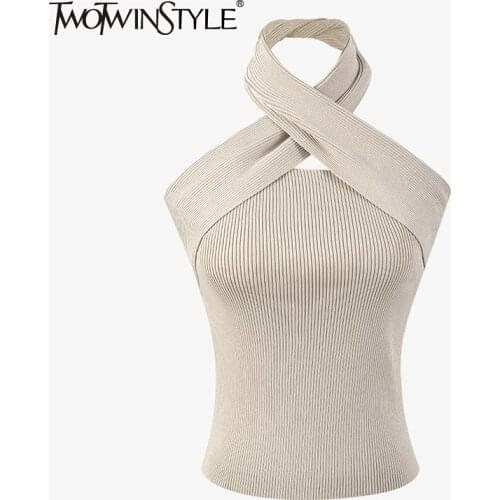 TWOTWINSTYLE Backless Cross Sweater For Women Irregular Collar Sleeveless Sexy Knitted Slim Tops Female Fashion New Clothing
