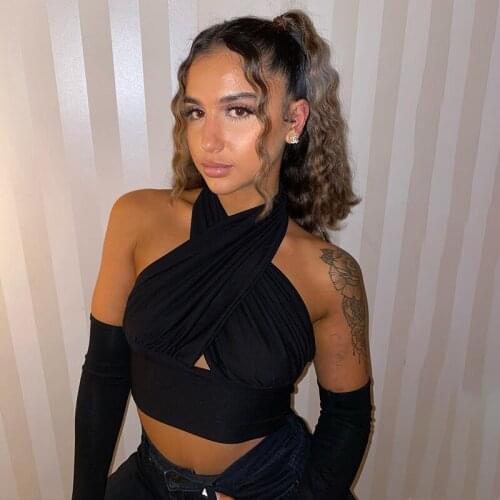 Halter Hot Sexy Wrap Crop Tops with Sleeve Women Elegant Fashion Backless Cut-Out Cropped Feminino Top Streetwear T-Shirts