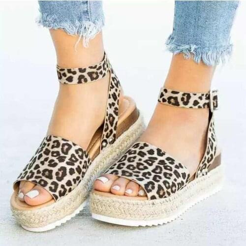 2020 Flock Ankle Strap Leopard Sandals Women Wedges Shoes Heels Sandals Summer Flip Flop Chaussures Platform Sandals Woman Shoes