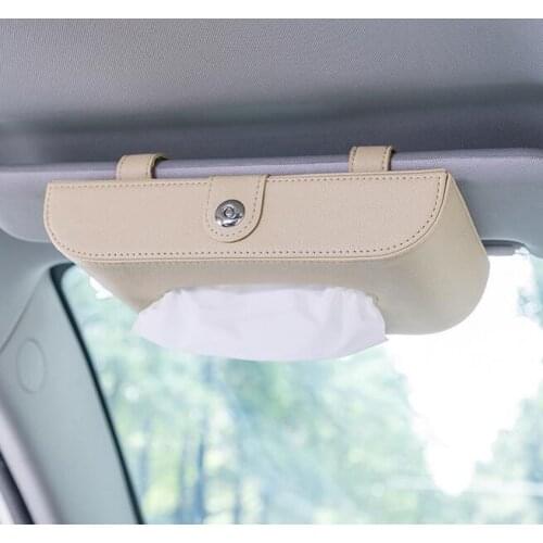 Car Beige Color Tissue Box Sun Visor Type PU Leather Tissue Box Napkin Holder Car Tissue Holder Car Seat Box Auto Accessories