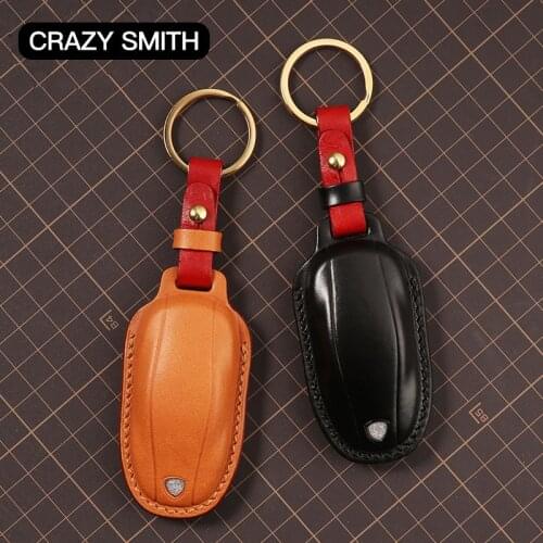 Crazy Smith Handmade Car Key Case Cover for Tesla Model S Vegetable Tanned Leather High Grade Craft Mothers Fathers Day Gift