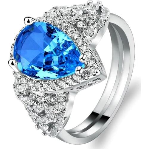 Elegant Luxury Blue Water Drop Crystal Ring Noble Temperament Ladies Ring Fashion Romantic Gift