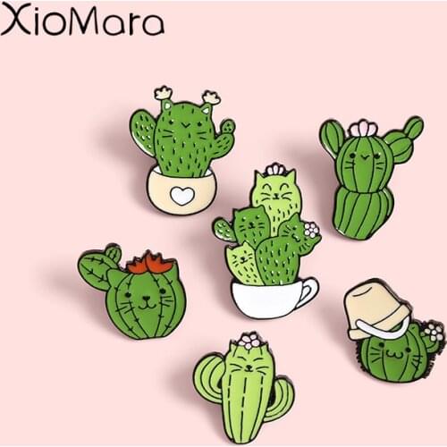 Cat Face Cactus Enamel Pins Cartoon Green Plant Brooches Lapel Badges Wholesale Custom Pin Jewelry Gifts for Friend