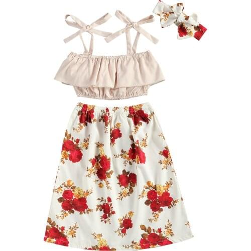 1-5Years Girls Three Piece Set Lace Up Solid Color Strap Tops Flower Printing Skirt Hair Band for Kids Girls Clothing Set