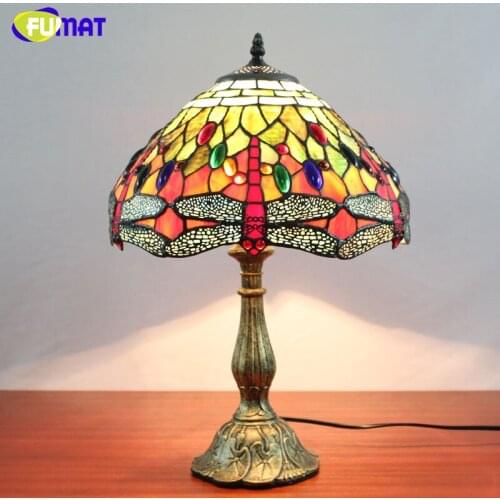 FUMAT Stained Glass Lamp Vintage Style Classic Dragonfly Table Lamp Living Room Bedside Hotel Wedding Lamp Decor Light Fixtures