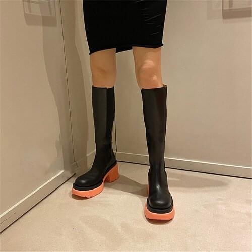Fashion Woman Martin Shoes Knee High Square Heel Boots Round Toe Slip On Thick Soled Boots