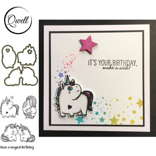 QWELL 4 Cute Unicorns Cutting Dies and Stamps Combo Words Have A Magical Birthday DIY Scrapbooking Making Template 2021 New