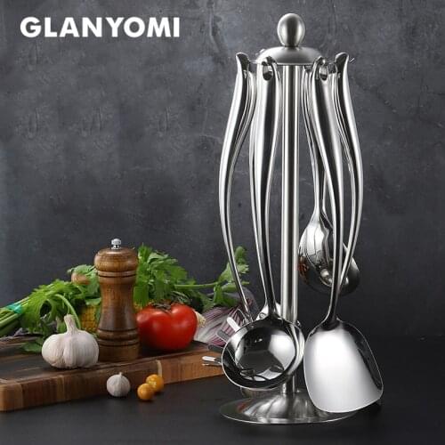 6Pcs Kitchen Utensils Set, 304 Stainless Steel Cooking Tools Set with Holder - Turner, Soup/Rice Spoon, Strainer, Pasta Server