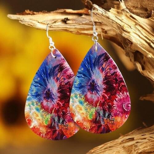 2021 New Hot Selling Tie-dyed Water Drop Leather Double-sided Printing Color Leather Fashion Earrings Trendy Wholesale