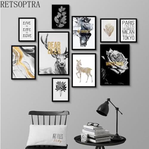 Black White Golden Deer Animal Rose Fashion Plants Print Poster Canvas Art Painting Vintage Style Picture Home Decor