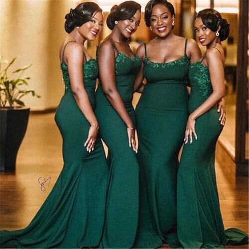 Spaghetti Straps Bridesmaid Dresses Green Elastic Satin Lace Top Appliques Bridemaid Dress for Wedding Party Dress In Stock