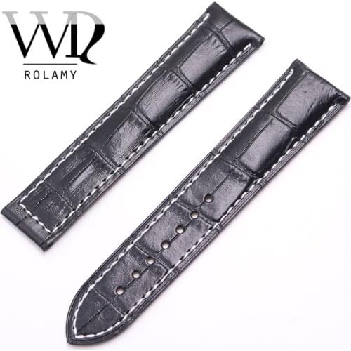 Rolamy 20 22mm Wholesale Black With white Stitches High Quality Genuine Leather Replacement Watch Band Strap Belt For Omega