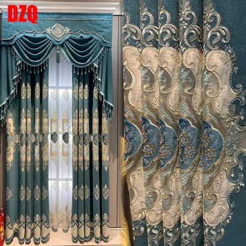 Luxury Atmosphere Hollow Embroidery Blue Chenille Embroidery Curtains for Living Room Bedroom Blackout Curtains Customization