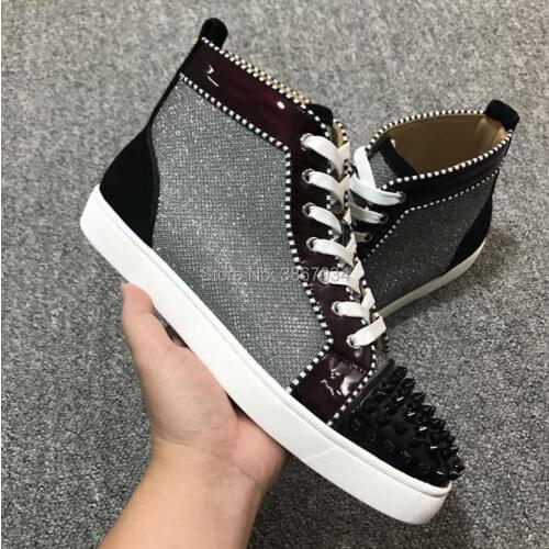 SHOOEGLE Prom Party Shoes Men Patchwork Sneakers Rivets Studded Round Toe Flats Lace Up Thick Bottom Shoes Men High-Top Sneakers