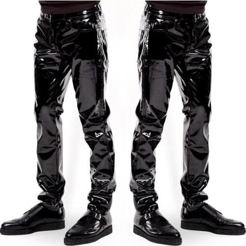 High Waist Faux Leather Vinyl Shiny Zipper Open leather Long trousers for Men Clubwear Costume Tight Pants Leggings Trouser