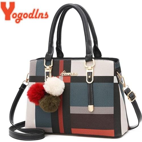 Yogodlns 2021 New Luxury Handbag Women Stitching Hairball Messenger Bags Designer Brand Plaid Shoulder Bag Female Ladies Totes