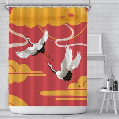 Red Crowned Crane Painting Shower Curtain Japanese Style Printed Bath Waterproof Bathroom Curtains with Hook180x180cm Polyester