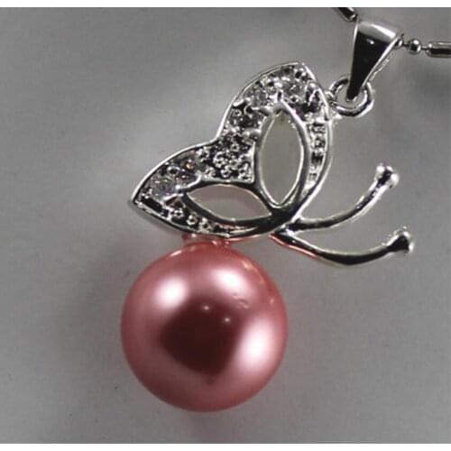 Womens fashion silver plated metal butterfly Accessories + Deep Pink Shell Pearl Pendant Necklace